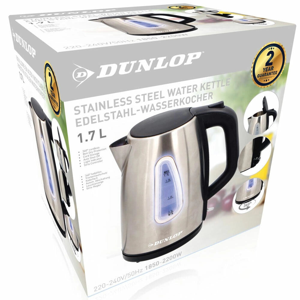Bollitore Elettrico 1,7Lt 2200W Acqua Calda Acciaio Cordless con Luce LED Dunlop