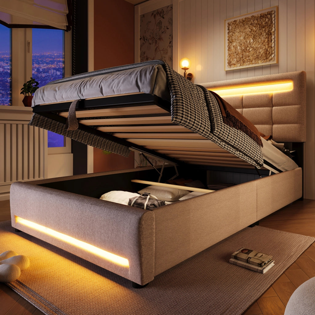 LETTO Contenitore 90x200 cm in lino Beige con APP, LED e USB