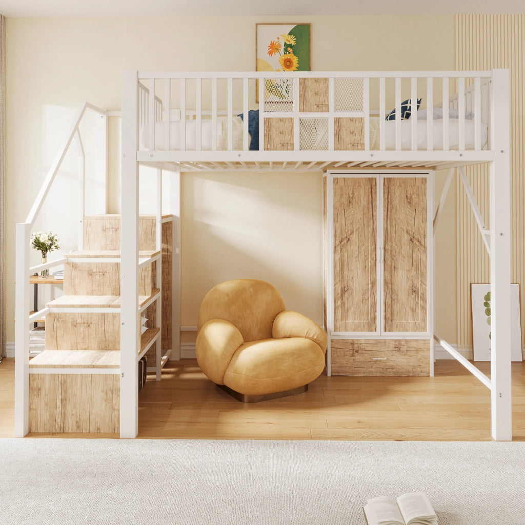 Letto a soppalco in metallo e legno con armadio, cassetti e scala contenitore, bianco, 140 x 200 cm