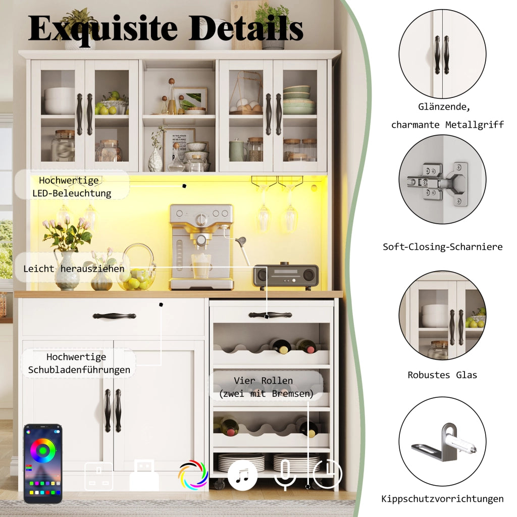 Credenza con LED dimmerabile e carrello estraibile, per cucina e sala da pranzo, in MDF, bianco, 140 × 38 × 180 cm