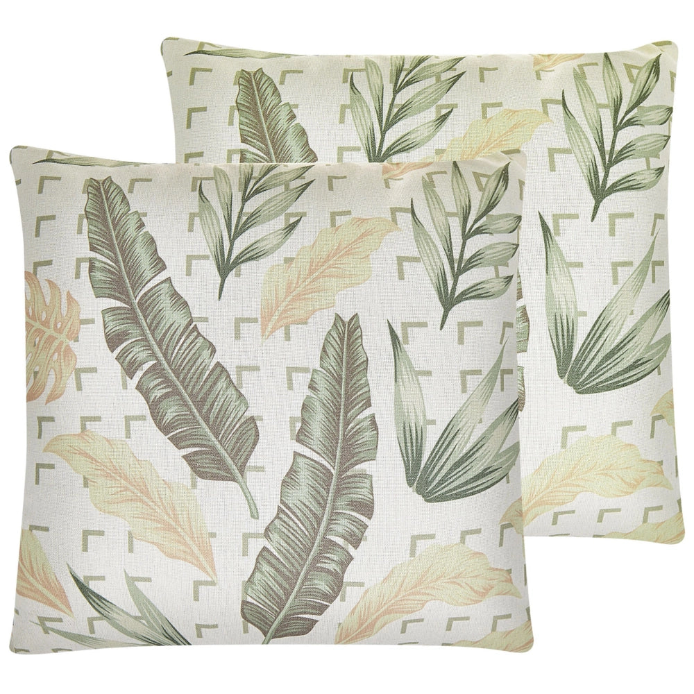 Set di 2 cuscini con motivo a foglia 45 x 45 cm colore verde e beige camera da letto soggiorno