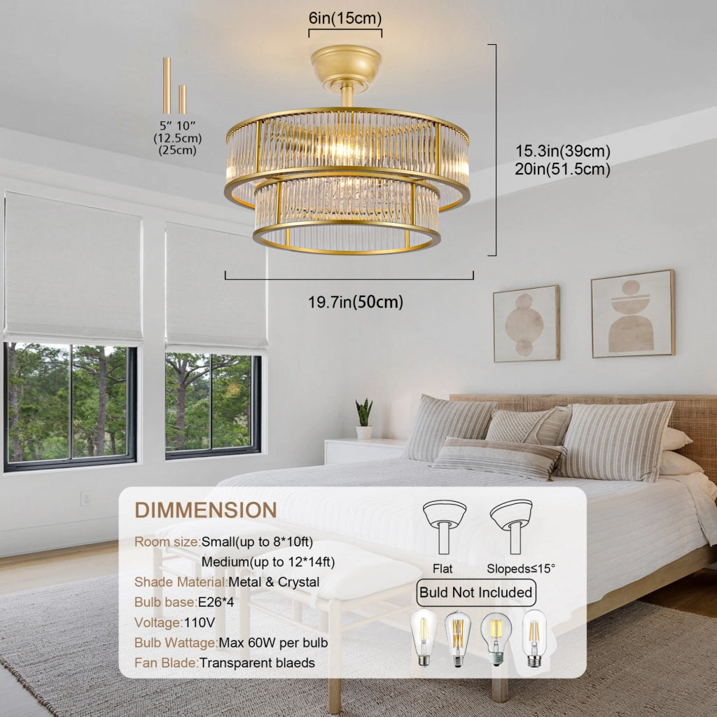 Ventilatore da soffitto con luce 19 pollici; controllo App e telecomando; oro; ABS e vetro