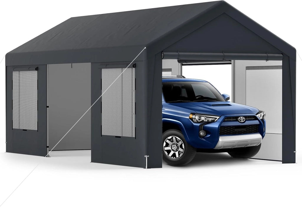 Tenda Garage Auto Esterno 300 X 595 X 280 CM, Tettoia per Auto con Telaio in Metallo e Copertura in PE Resistente alle Intemperie, Capanno da Giardino per Vehicolo, Biciclette, Moto, Attrezzi
