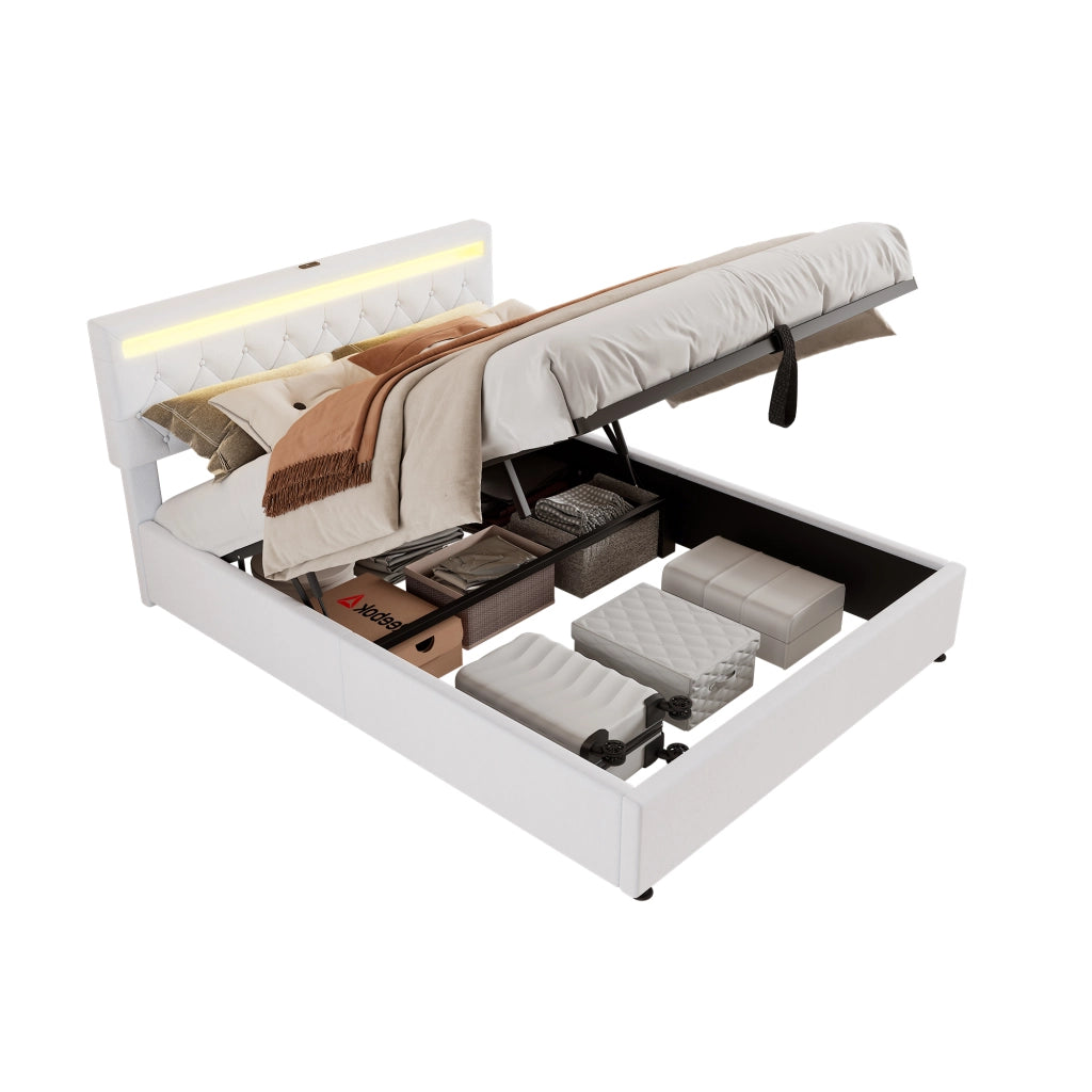 Letto imbottito 160 × 200 cm con contenitore, led, usb e usb-c, senza materasso, bianco