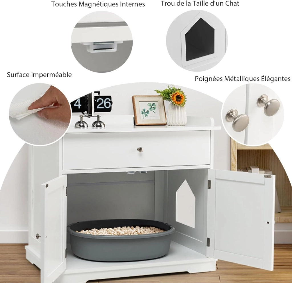 Mobile Lettiera per Gatti con 2 Ante e Cassetto, Armadio per Gatto in Legno con Ingresso Laterale, Grotta Rifugio Multiuso per Soggiorno, Camera da Letto e Ingresso, 76 x 53 x 74 cm (Bianco)