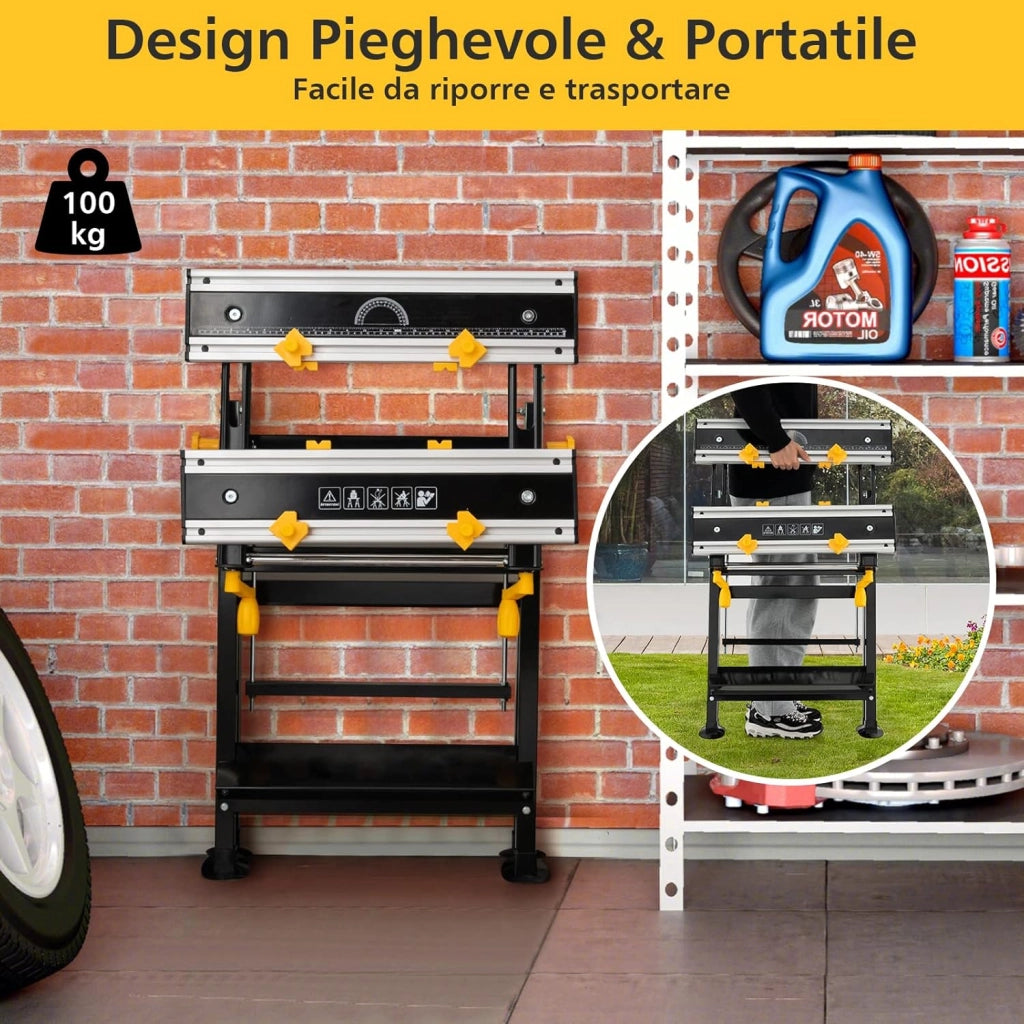 Tavolo da Lavoro Pieghevole, Banco da Lavoro Portatile con Piattaforma Inclinabile e Altezza Regolabile a 7 Livelli, Telaio in Alluminio e Metallo, Capacità di Carico 100 KG (Modello 2)