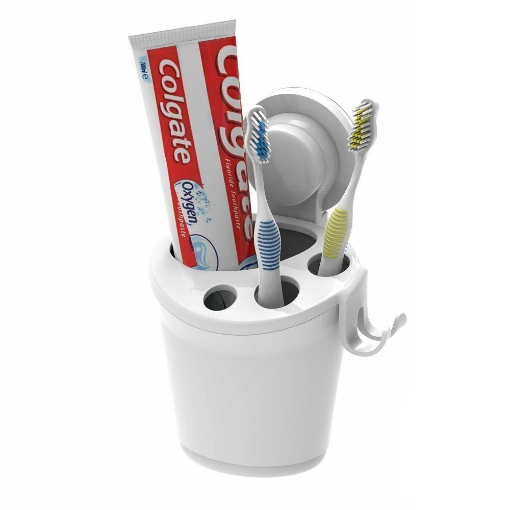 Trade Shop - Porta Spazzolini Dentifricio A Ventosa Bianco Contenitore Parete Bagno 59541 -