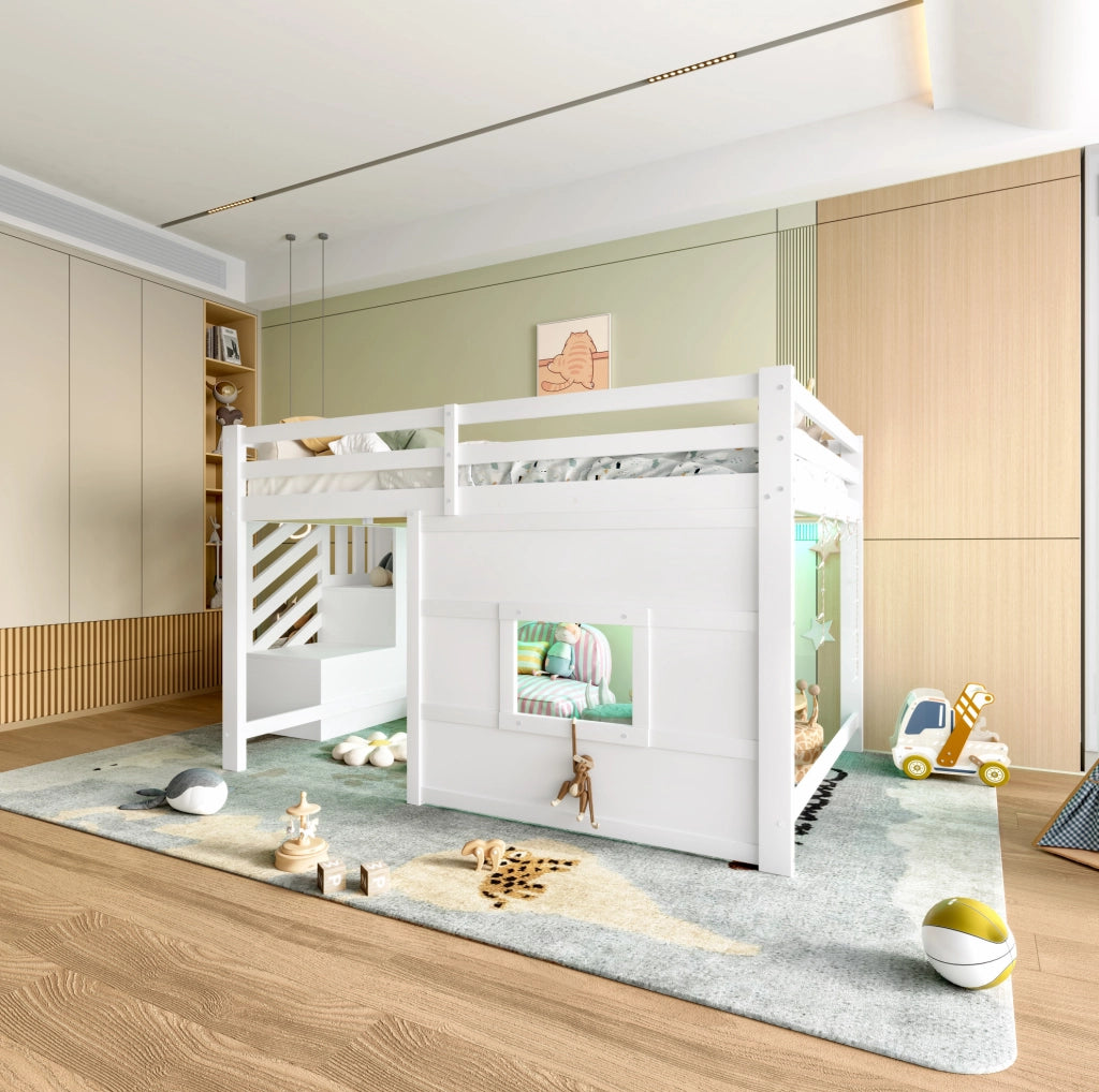 Letto a soppalco 140x200 cm con scala contenitore e LED, bianco
