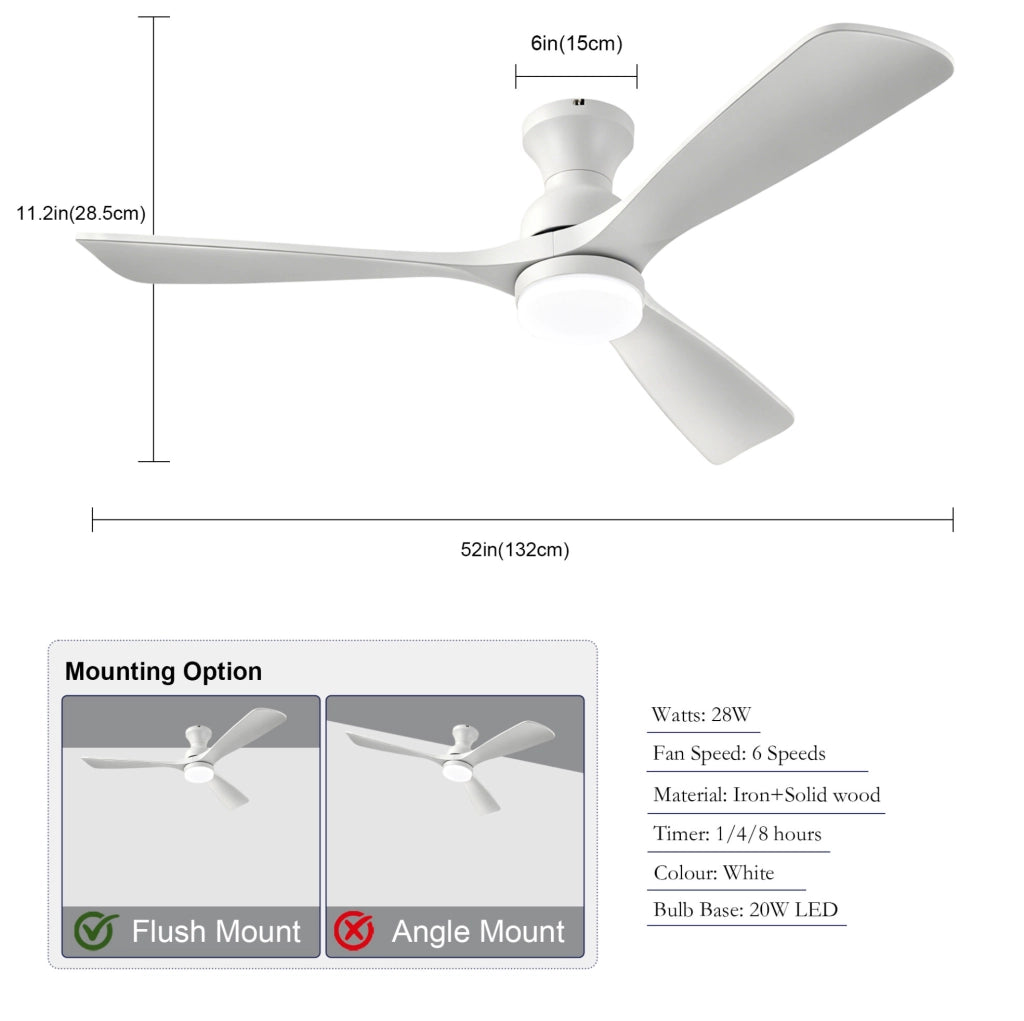 Ventilatore da soffitto con LED e telecomando, 3 pale in legno massello, bianco