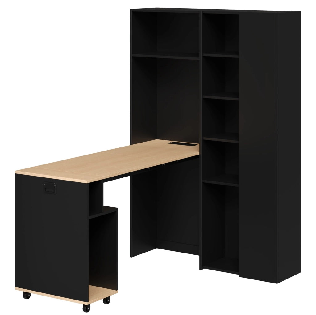 Scrivania pieghevole con libreria 104;5x30;5x160 cm in MDF nero e rovere; con presa EU e USB