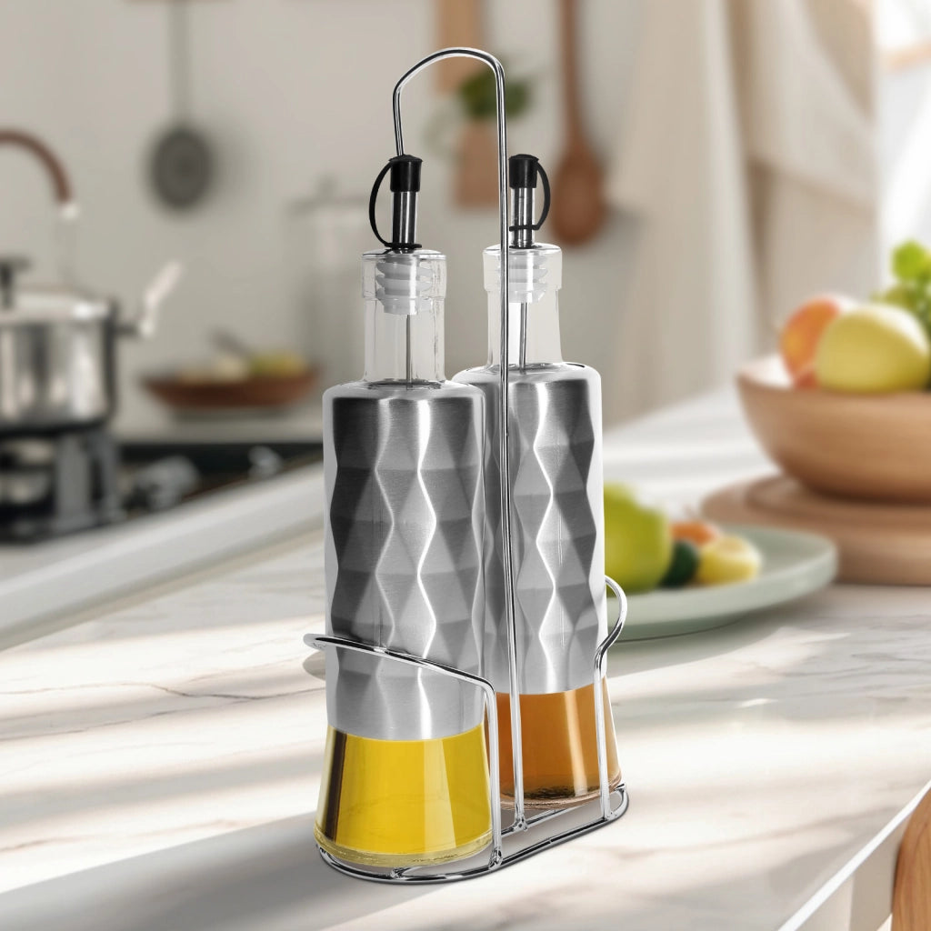 Bottiglie in acciaio inox e vetro per olio e aceto, 2 x 320 ml, con supporto solido Argento Cheffinger