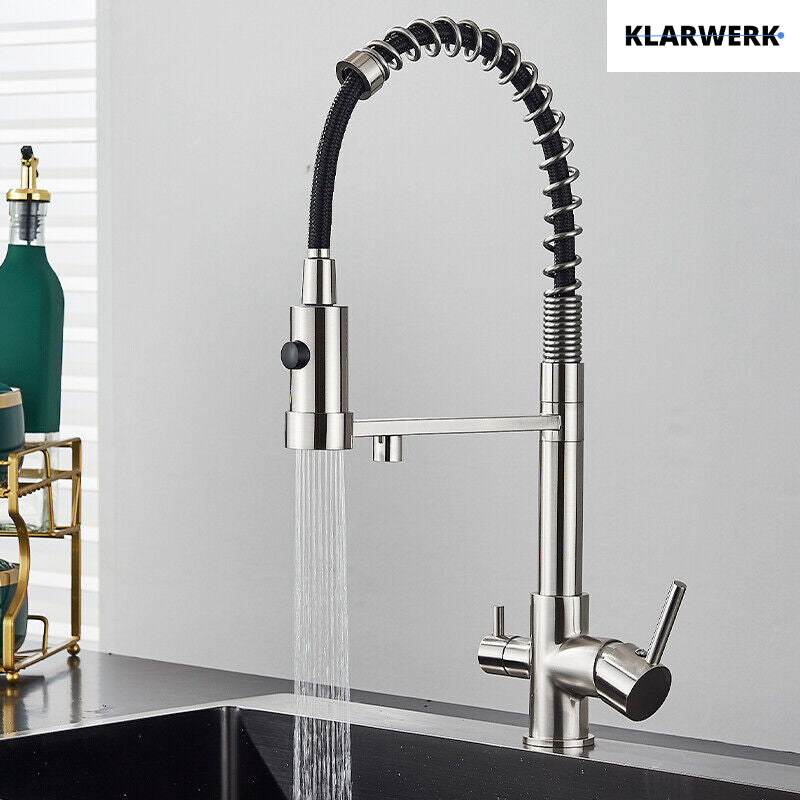 Bernd | Rubinetto da cucina a osmosi a molla a 3 vie argento Rubinetto con filtro in acciaio inossidabile spazzolato | Miscelatore da ristorante