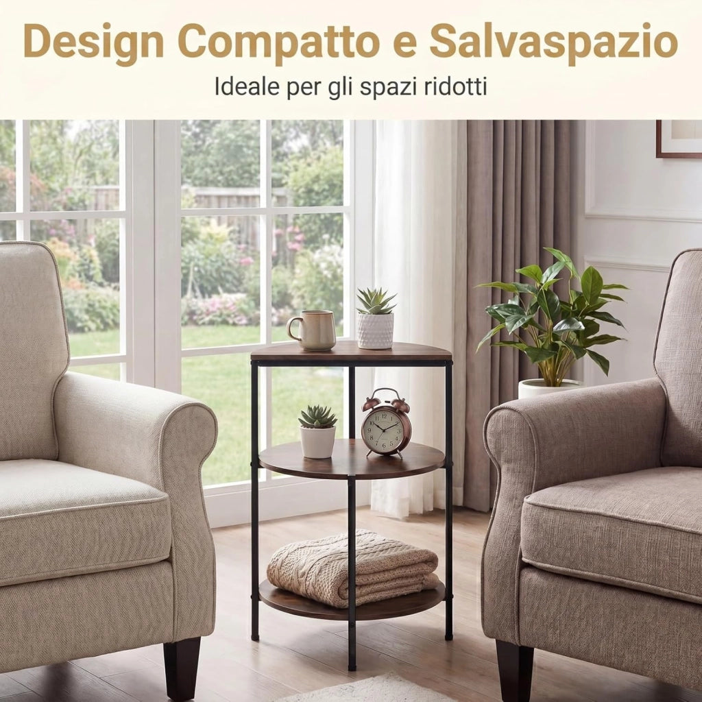 Tavolino Salotto Rotondo, Tavolinetto Laterale da Divano, da Caffè, Comodino Basso a 3 Ripiani in Legno e Metallo, Industiale e Salvaspazio, per Soggiorno, Camera da Letto, 43 X 43 X 63 CM