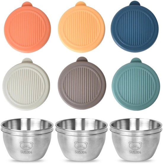Contenitore per Insalata - 6 Pezzi - Contenitori di Cibo in Acciaio Inossidabile - Tappi di Silicone Imprimiti - Riciclabile - Resistenti al Lavastoviglie - 80 ml