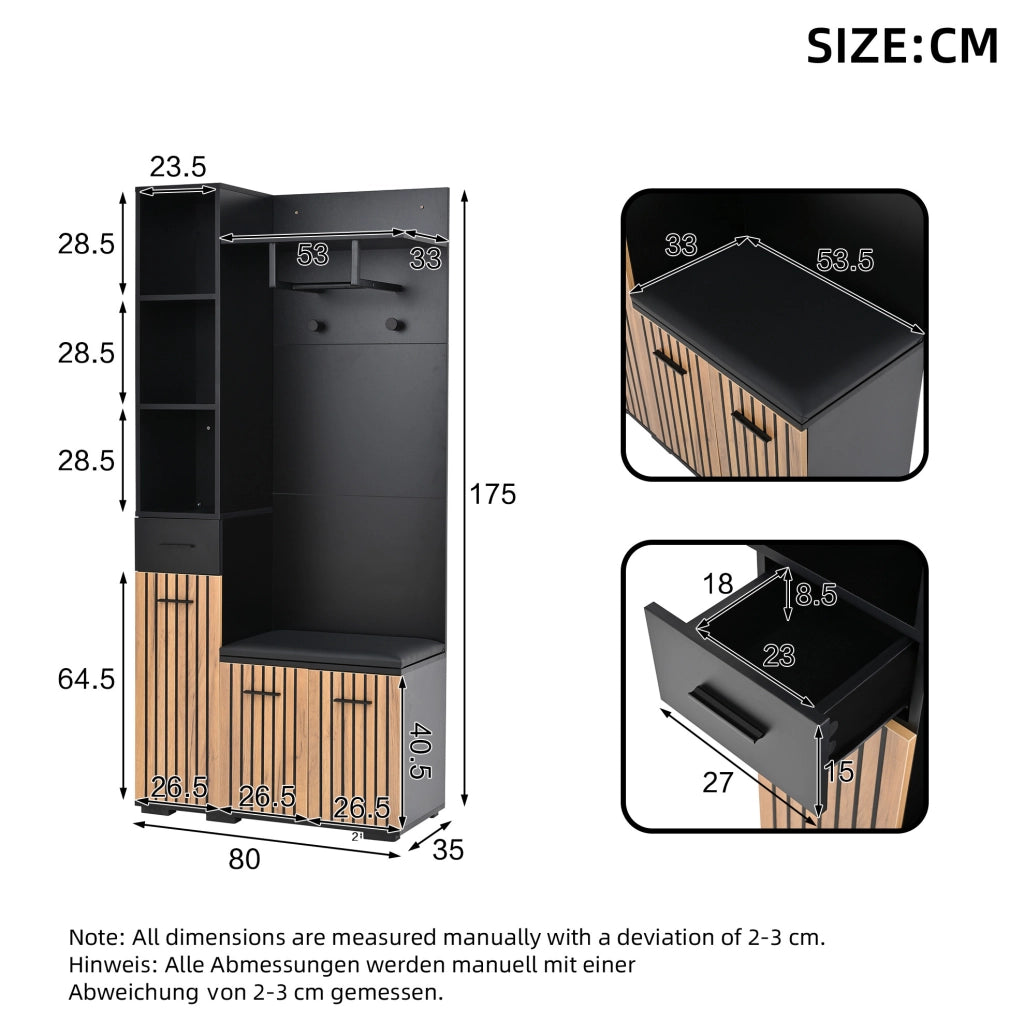 Mobile ingresso multifunzione 80 x 35 x 175 cm con 2 armadi; 1 cassetto; nero e legno naturale