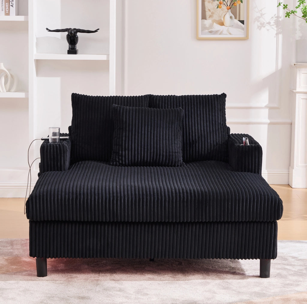 Chaise longue 142x128x85 cm in velluto a coste nero con USB， LED e portabicchiere