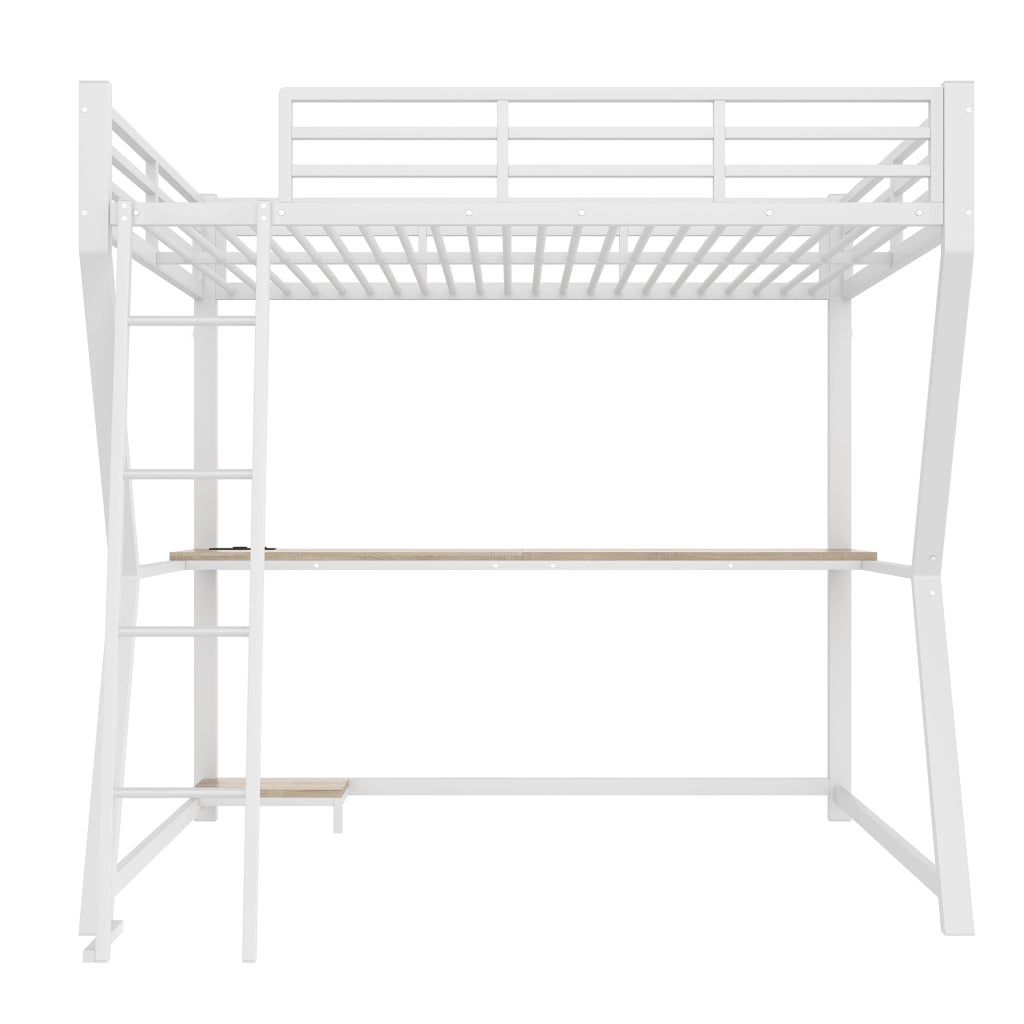 Letto a soppalco 140x200 cm con scrivania in metallo e MDF; bianco
