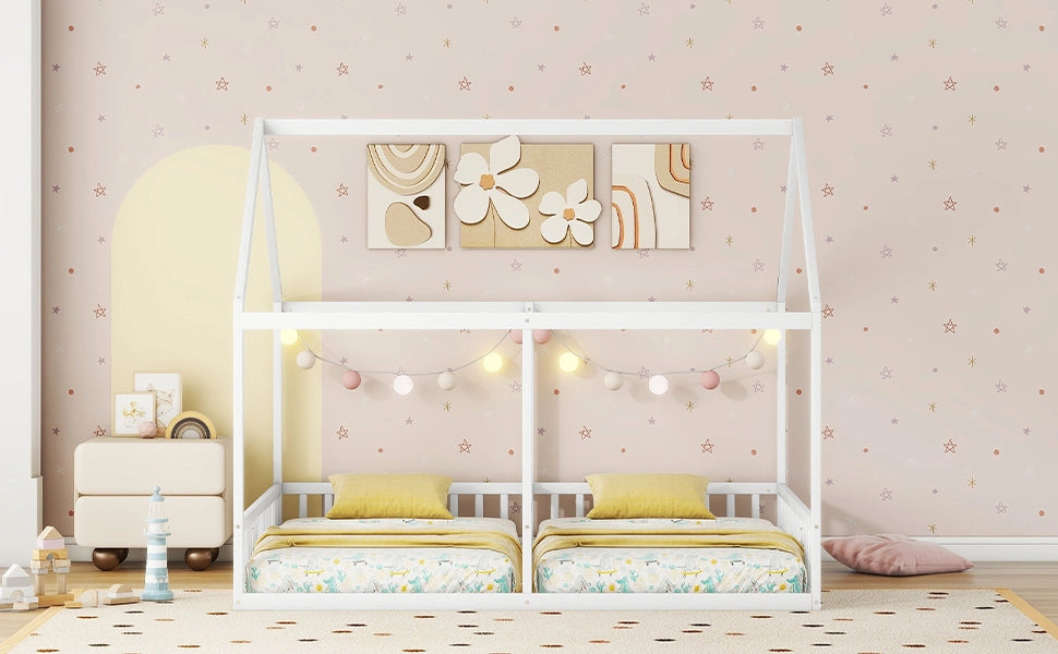 DESMIU Letto a casetta per bambini 2 posti con sponde e divisorio centrale, 90 × 200 cm, senza materasso, bianco