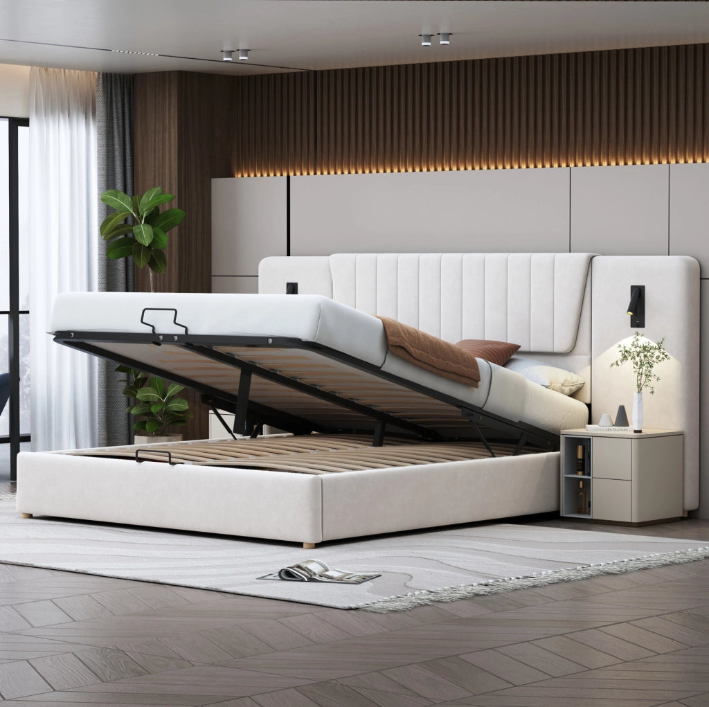 Letto matrimoniale imbottito 180x200 cm in velluto beige con testiera alta; lampade LED e USB