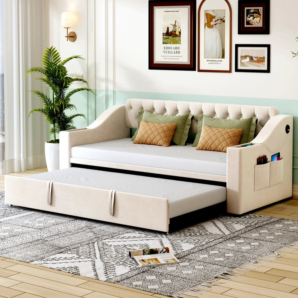 Letto estraibile singolo 90×190 cm con USB; vani portaoggetti e rete; senza materasso; beige