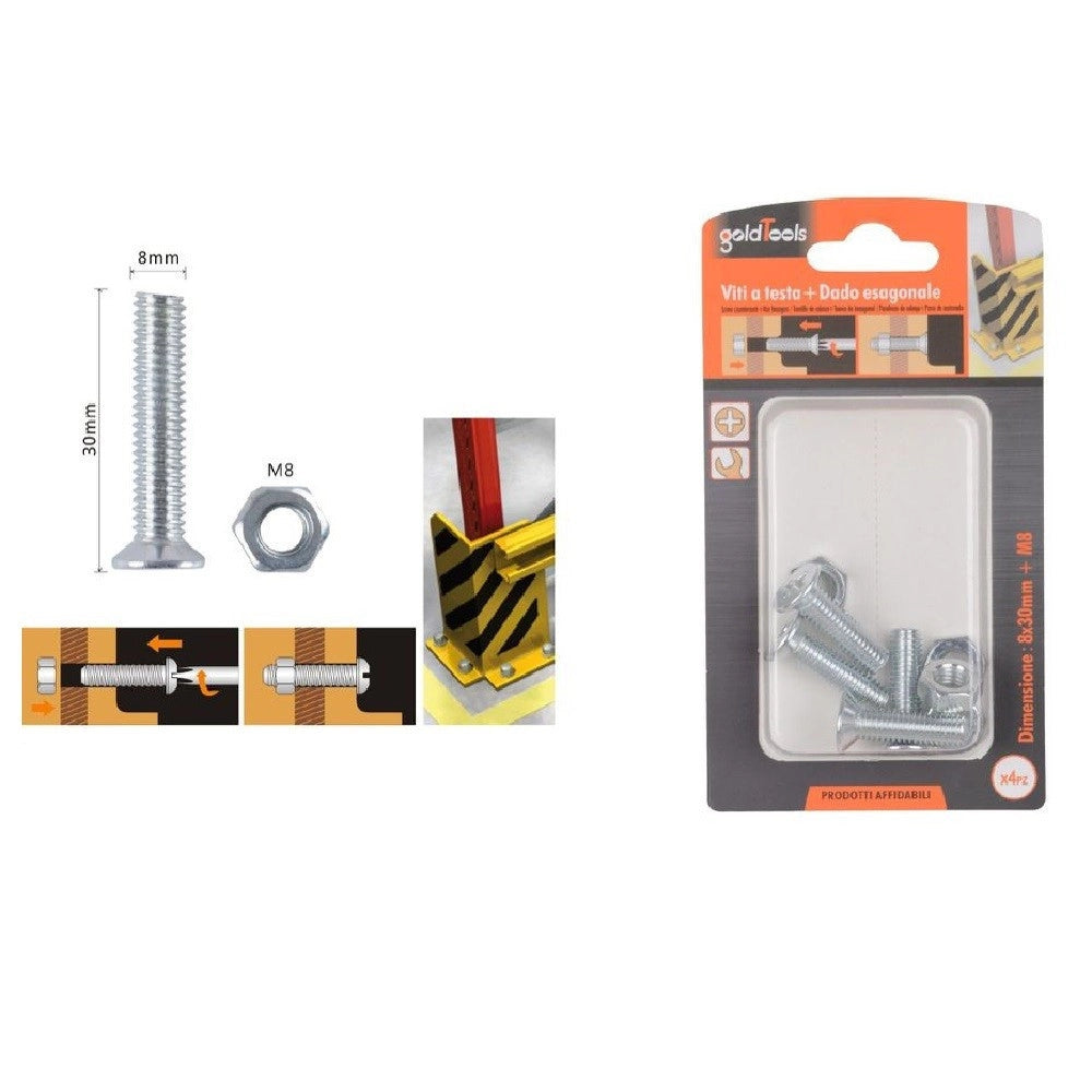 Trade Shop - Set 4 Pezzi Viti Vite Testa A Croce Piatta 8 X 30 Mm Con Dado Esagonale M8 90948 -