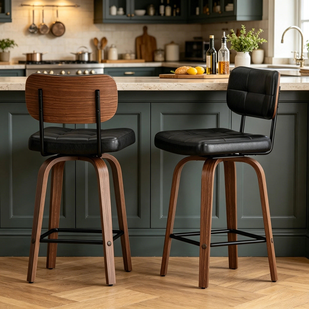 Sgabello da bar girevole - con schienale ergonomico e seduta imbottita - nero noce