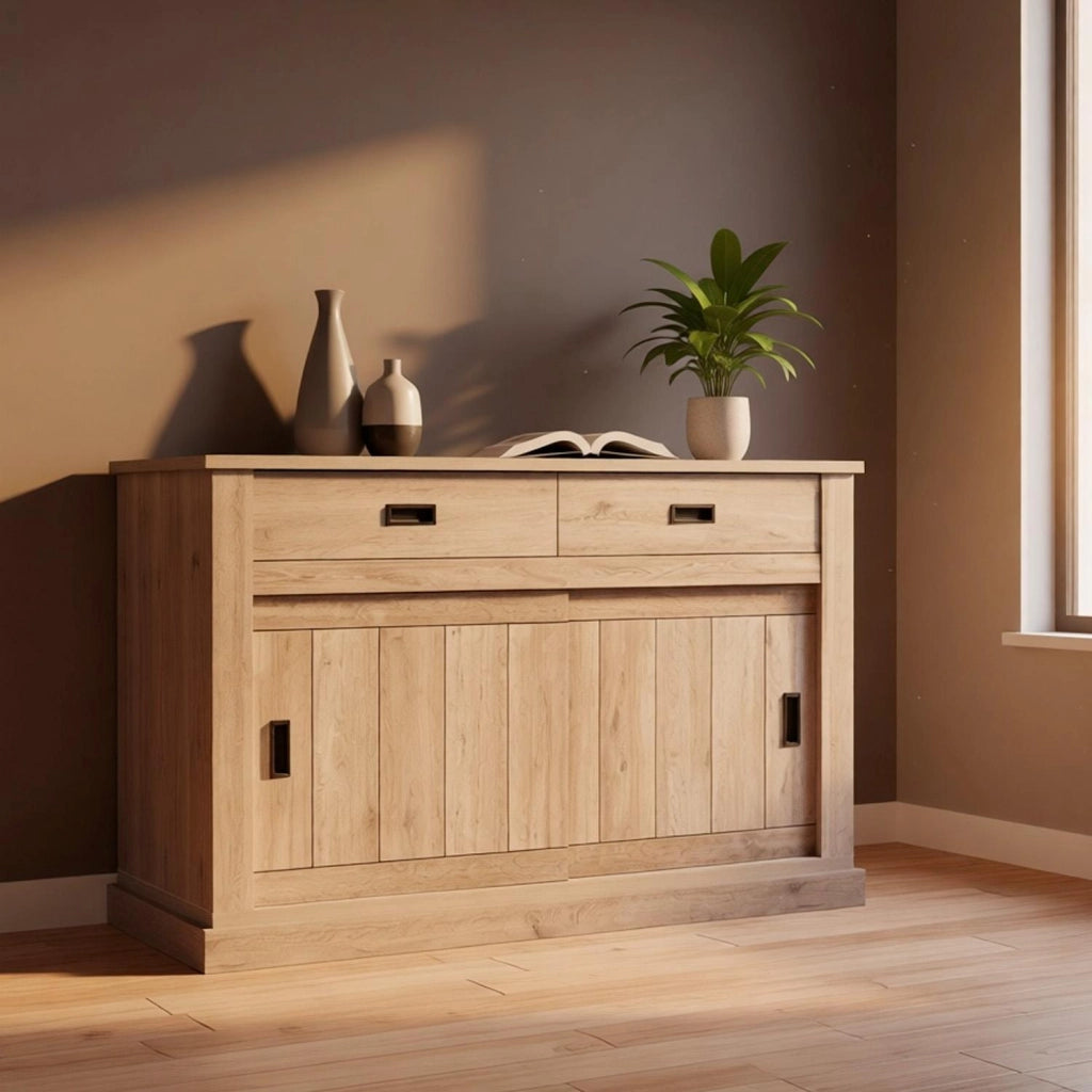 Mobile Soggiorno Madia Con 2 Cassetti 2 Ante Scorrevoli E 4 Ripiani Interni Credenza Design Minimal Shabby Chic Per Sala Da Pranzo Zona Living 150 X 50 X 95.5 Cm Rovere Alaska