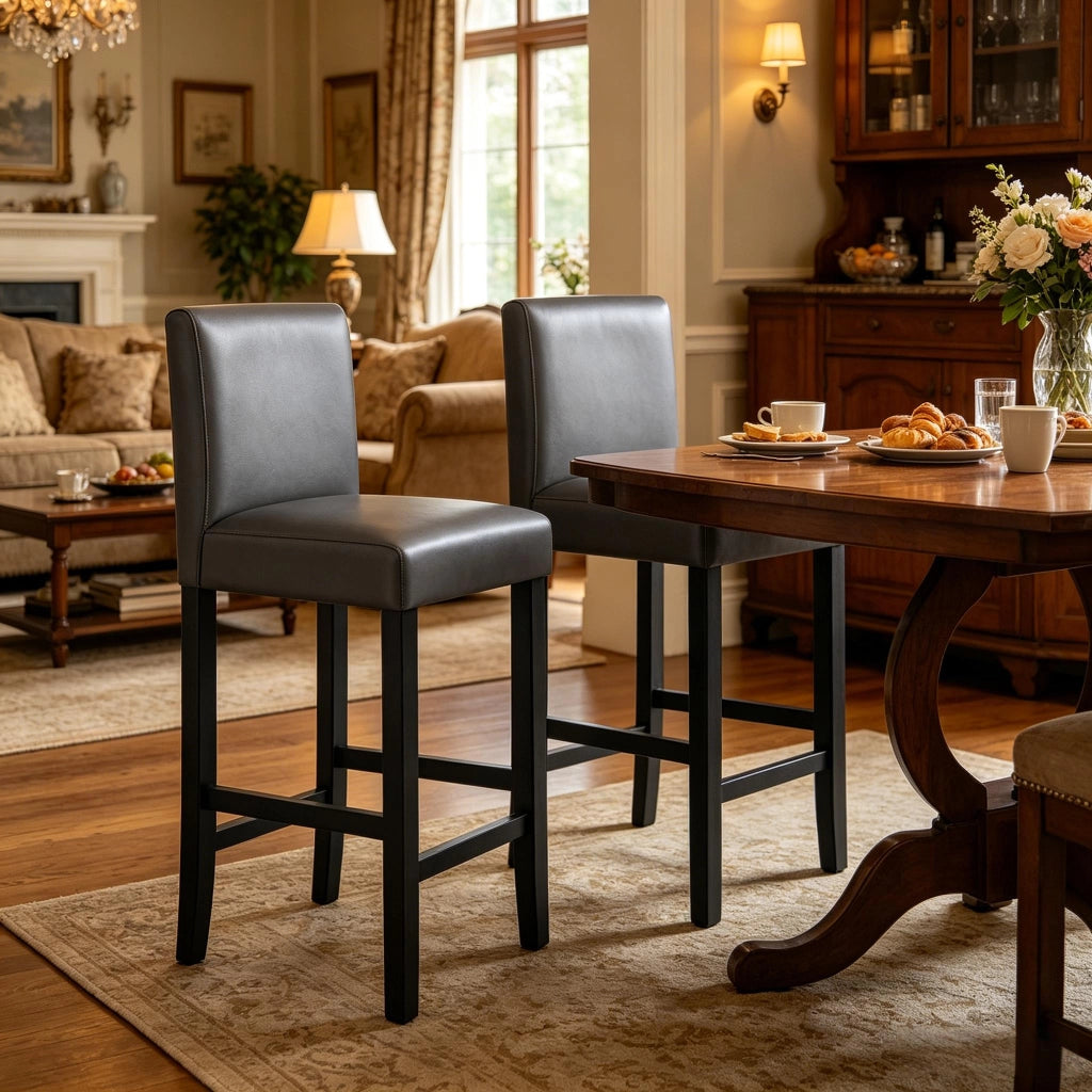 Set di 2 sgabelli da bar con schienale, in ecopelle e legno, colore nero/grigio
