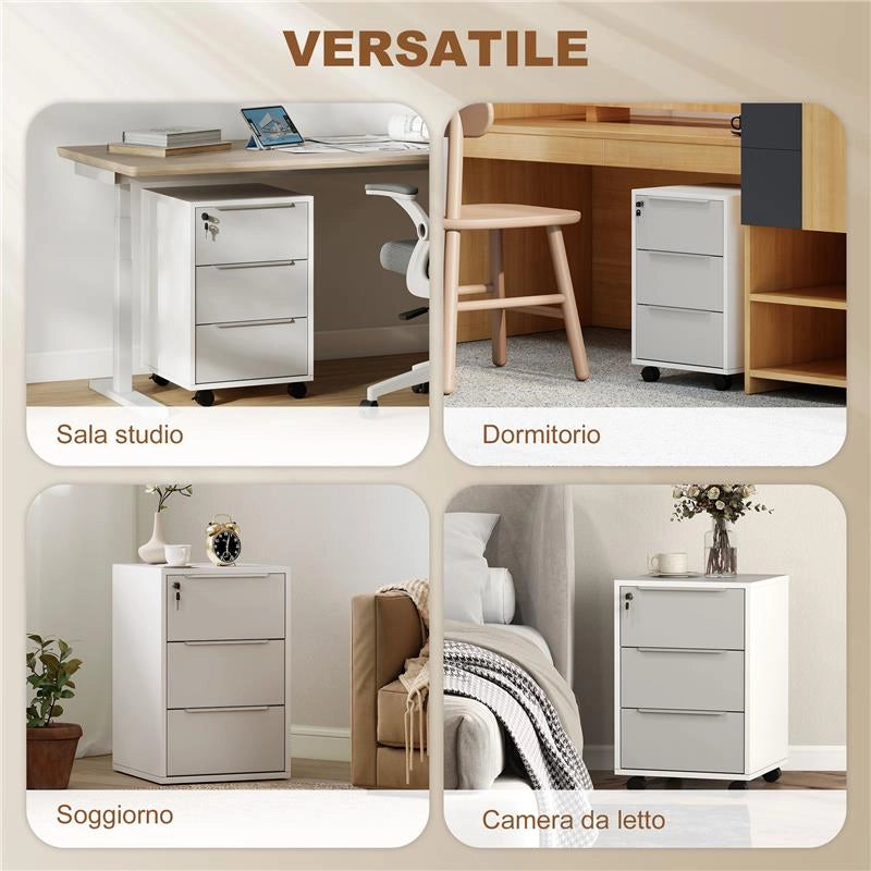 SCHEDARIO PER UFFICIO A 3 CASSETTI CON CHIAVI DI SICUREZZA E 4 RUOTE, IN LEGNO, 40X40X63.5 CM, BIANCO E GRIGIO