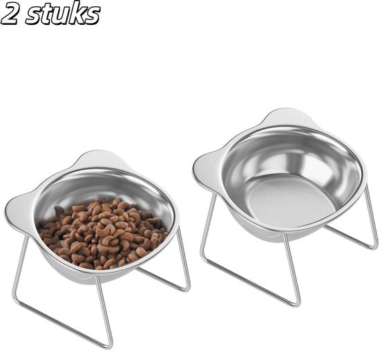 Due pezzi - Ciotola per animali da compagnia - Acciaio inossidabile - Con standard metallico - Base antiscivolo - 15 gradi inclinabile - Adatto per gatti e cani - Argento