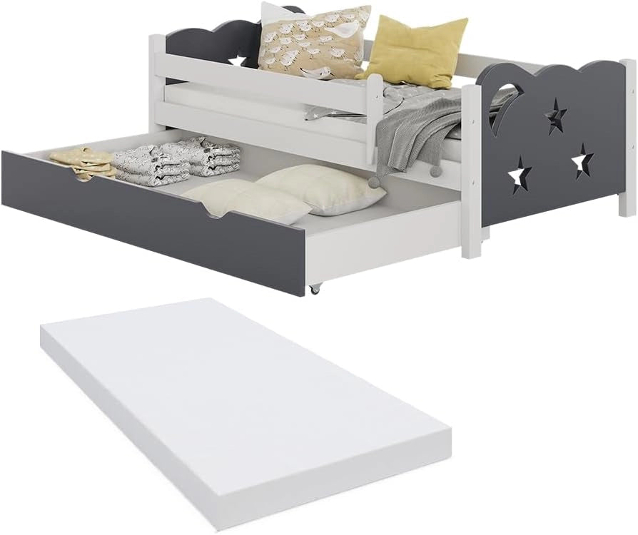 letto per bambini Jessica, Grigio, 70x140 cm con cassetto e materasso, estendibile come letto per ragazzi, combinabile con la serie Jessica