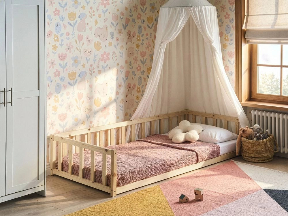 Letto a terra per bambini in legno di pino chiaro 90 x 200 cm con rete a doghe per bambini piccoli