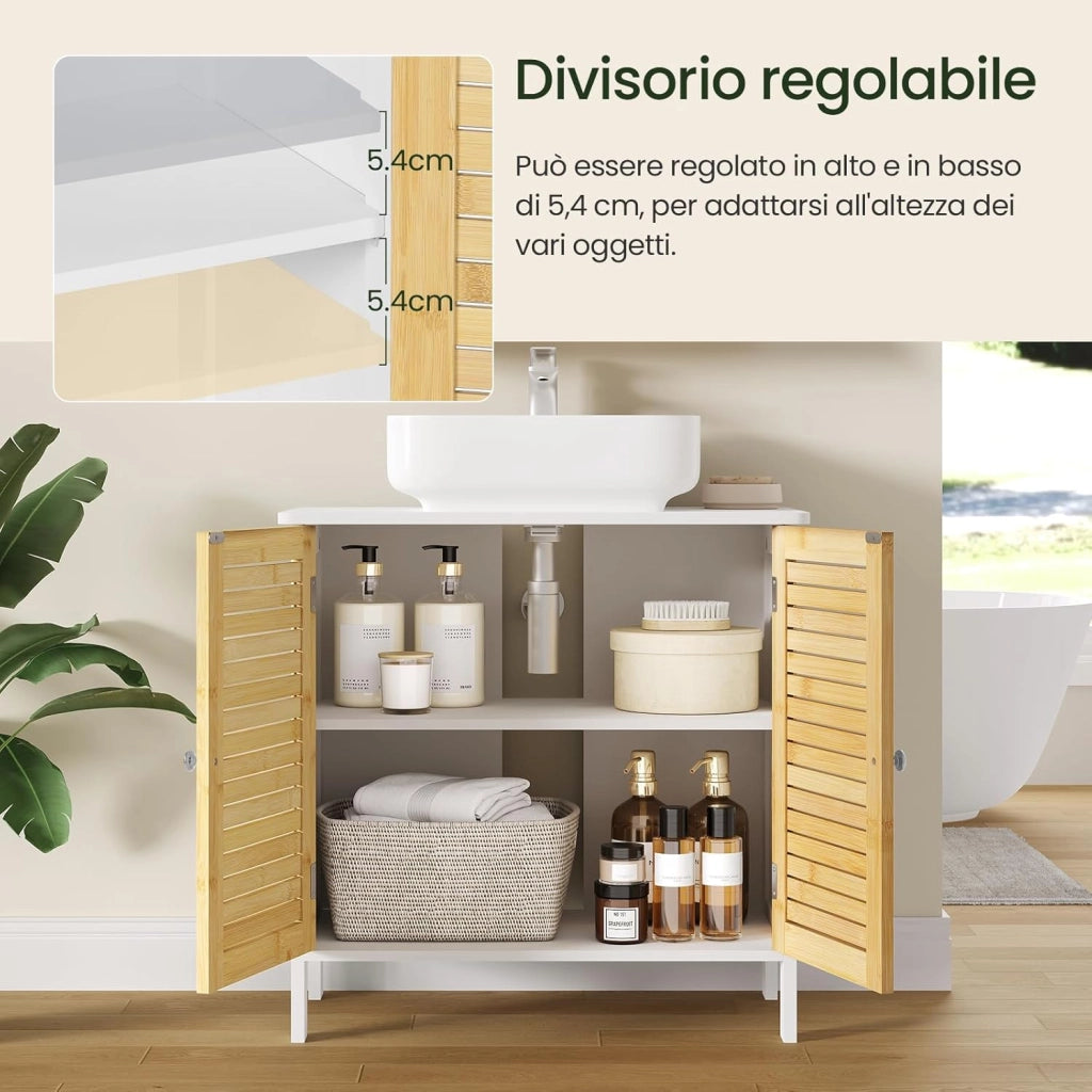Mobile Sottolavello per Bagno, Mobiletto per Lavabo, Armadio a Pavimento con Ante e Ripiano Regolabile, Colore Bambù Naturale+Bianco, 60x30x60cm