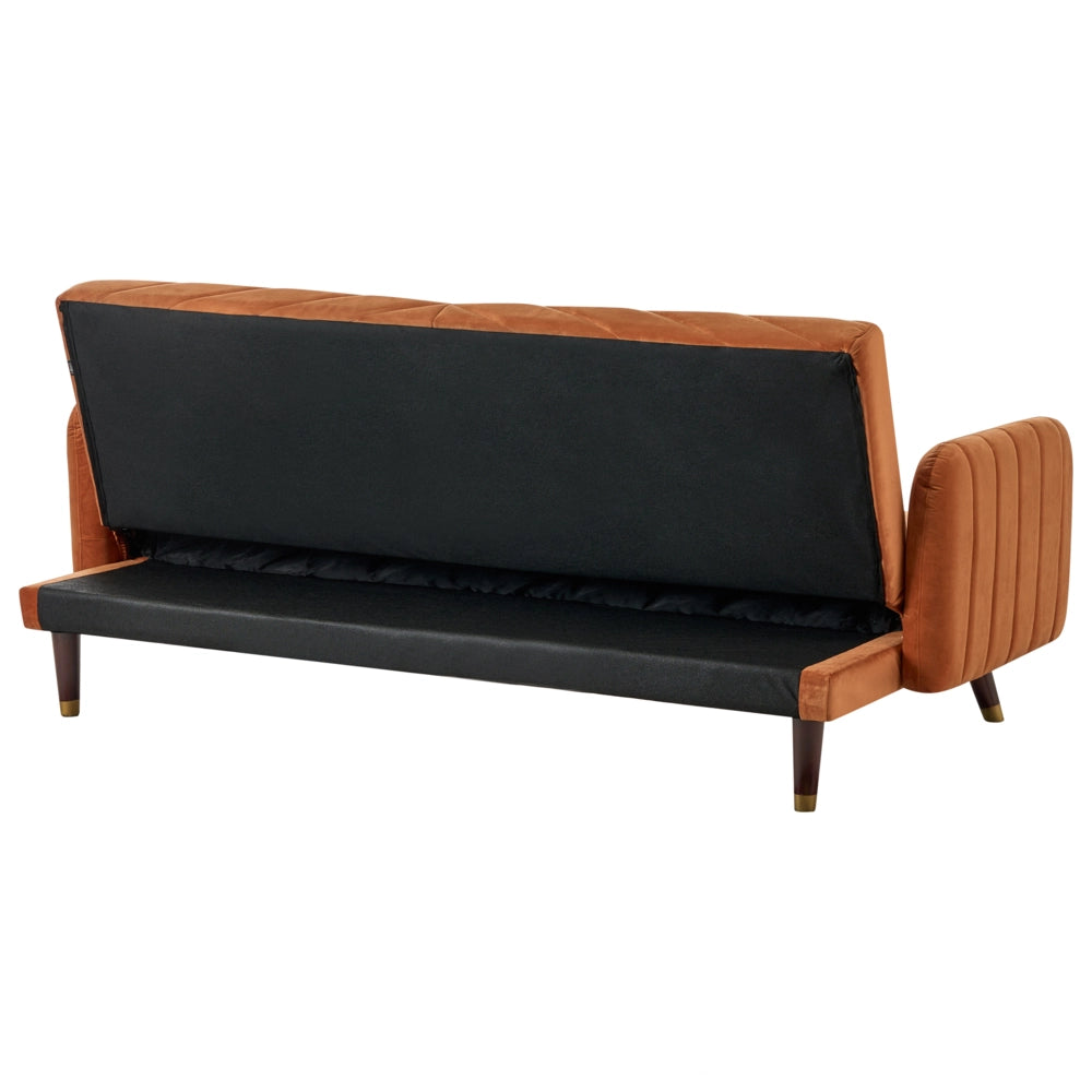 Divano Letto Tessuto Velluto Arancione Retro Soggiorno 3 Posti Gambe In Legno Bracci Pista