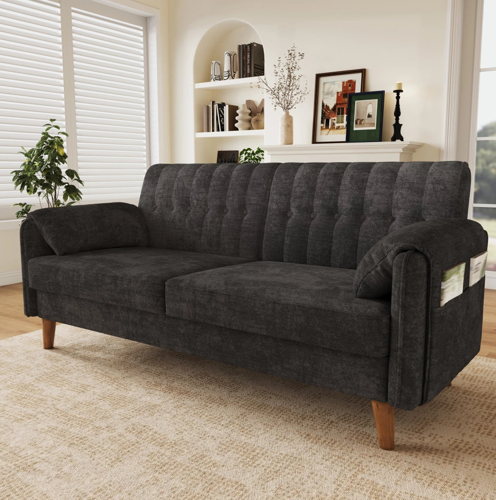 Divano a 2 posti in chenille grigio scuro; 161;5 x 79 x 83;5 cm; con cuscini e struttura in ferro