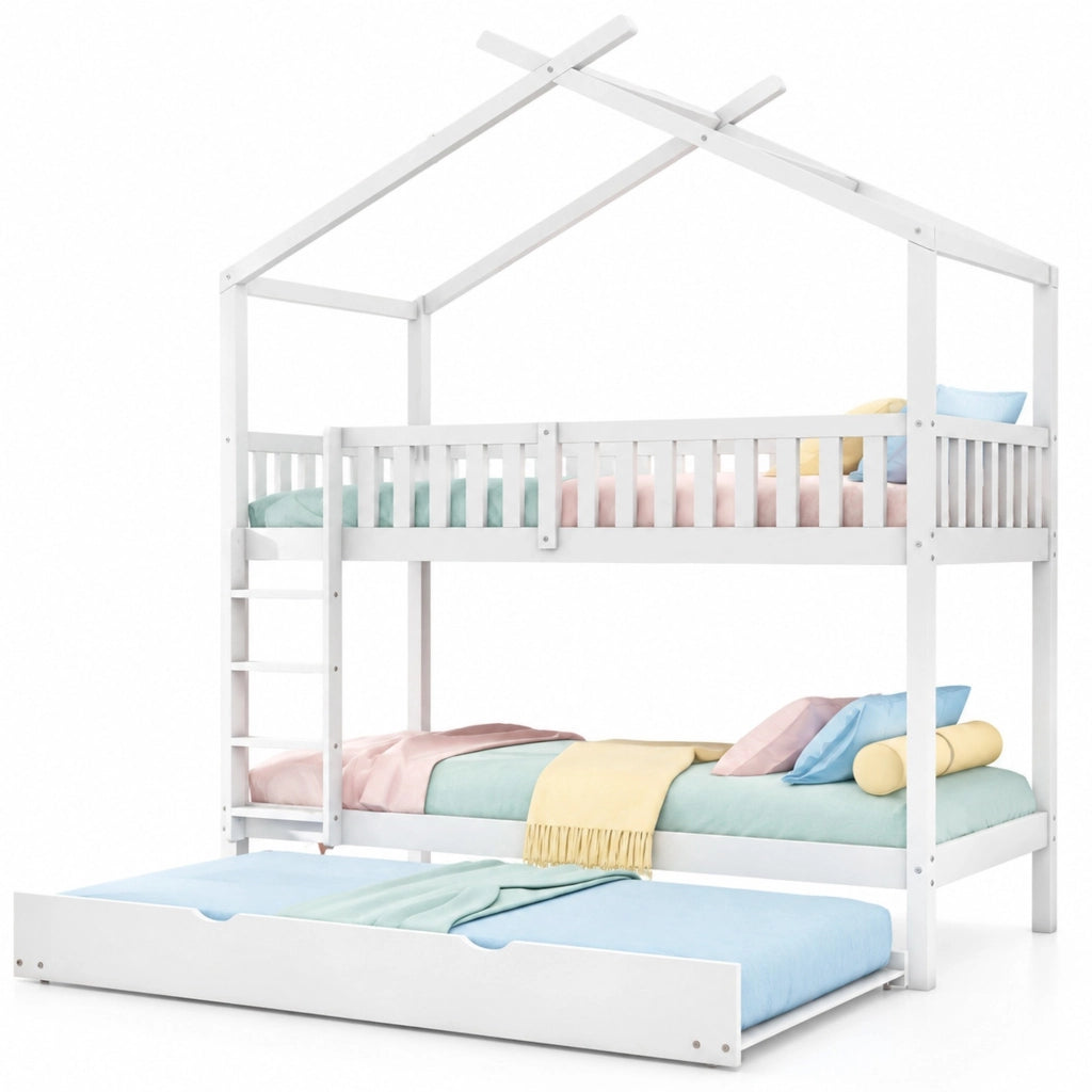 Letto a casetta per bambini e ragazzi 90x200 cm, estraibile, 3 letti separati, bianco