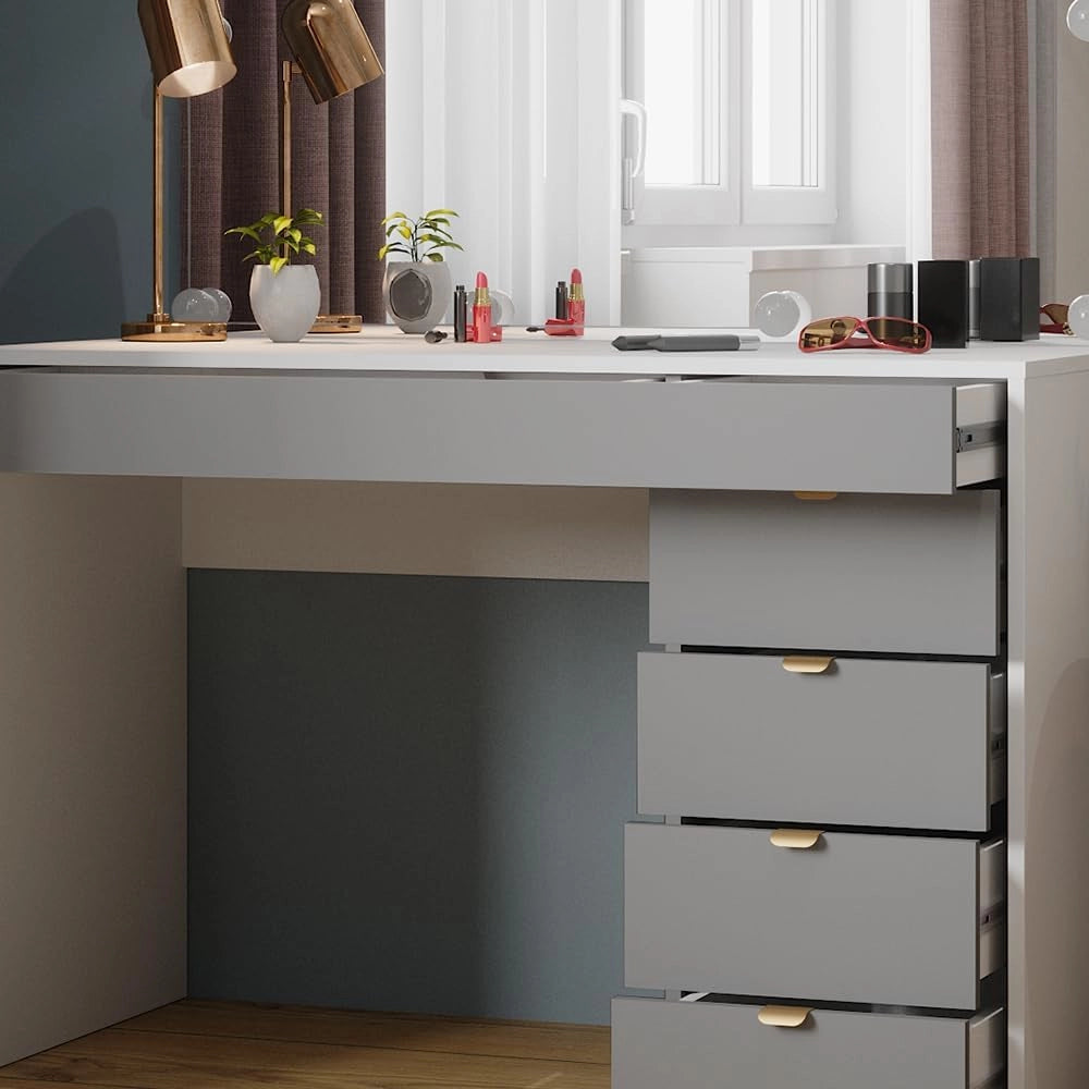 Tavolo da toeletta Elise, Bianco/grigio/grigio, 115 cm con illuminazione a LED, con illuminazione LED e superficie a specchio integrata