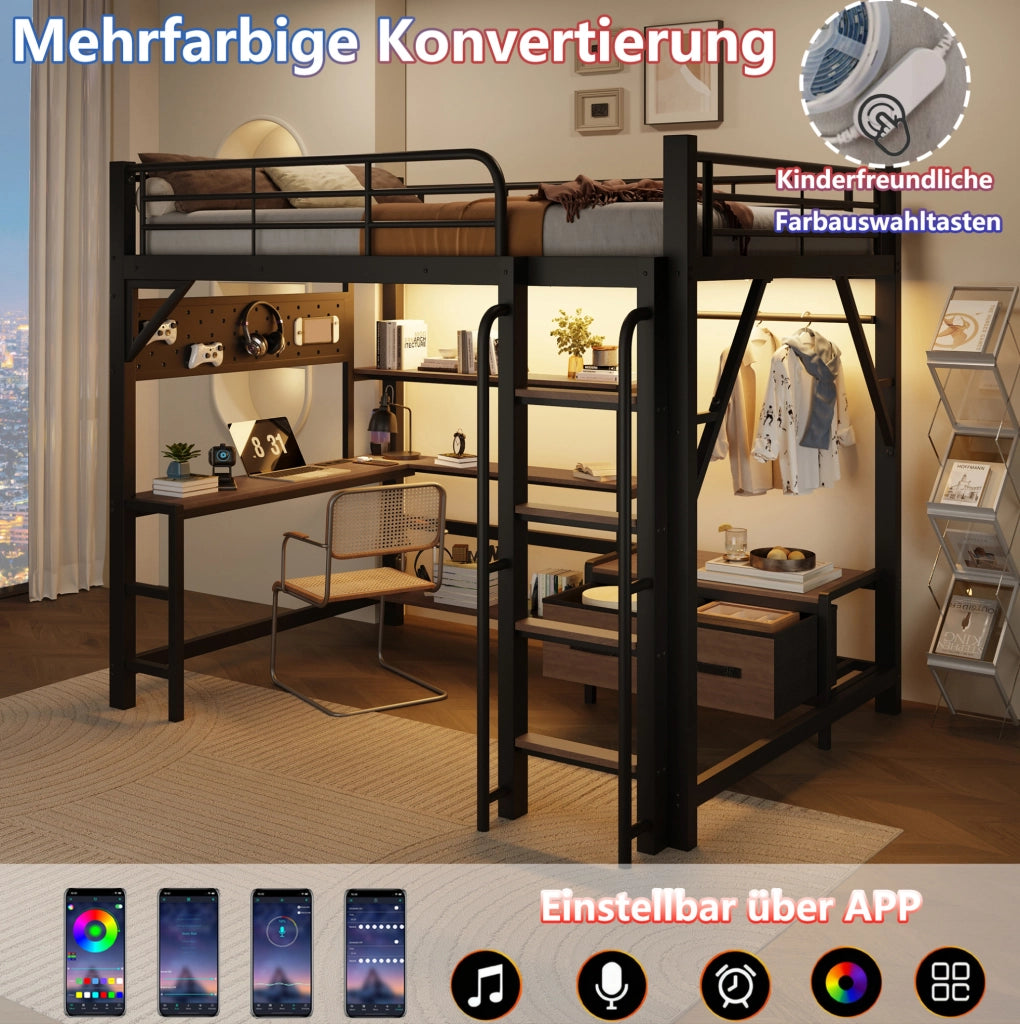 Letto a soppalco 140x200 cm con scrivania, LED e USB