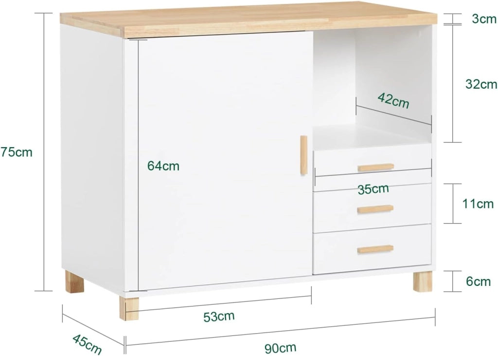 Cassettiera Ufficio Mobiletto Salvaspazio con 3 Cassetti e 1 Vano Aperto Supporto Stampante Schedario da Ufficio Cassettiera da Scrivania Bianco e Naturale 90x45x75cm ASK07-WN