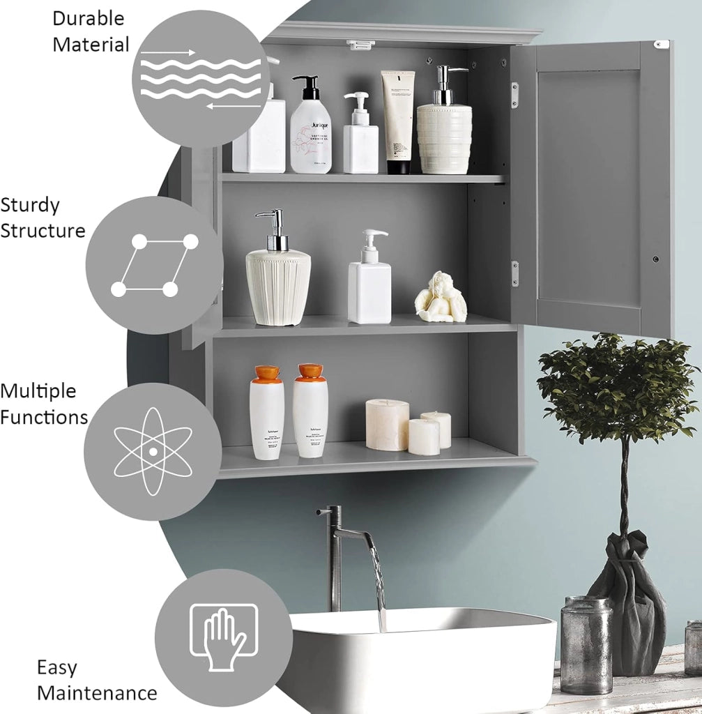 Mobiletto portaoggetti per bagno, armadietto per farmacia con ripiani interni regolabili in altezza, design a parete per un risparmio di spazio, per soggiorno, cucina e ingresso (grigio)