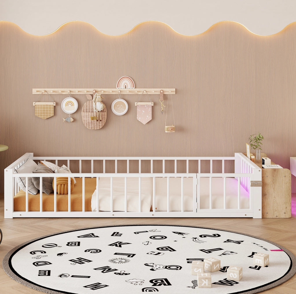 Letto per bambini in metallo 90x200 cm con barriera di protezione e vano aperto