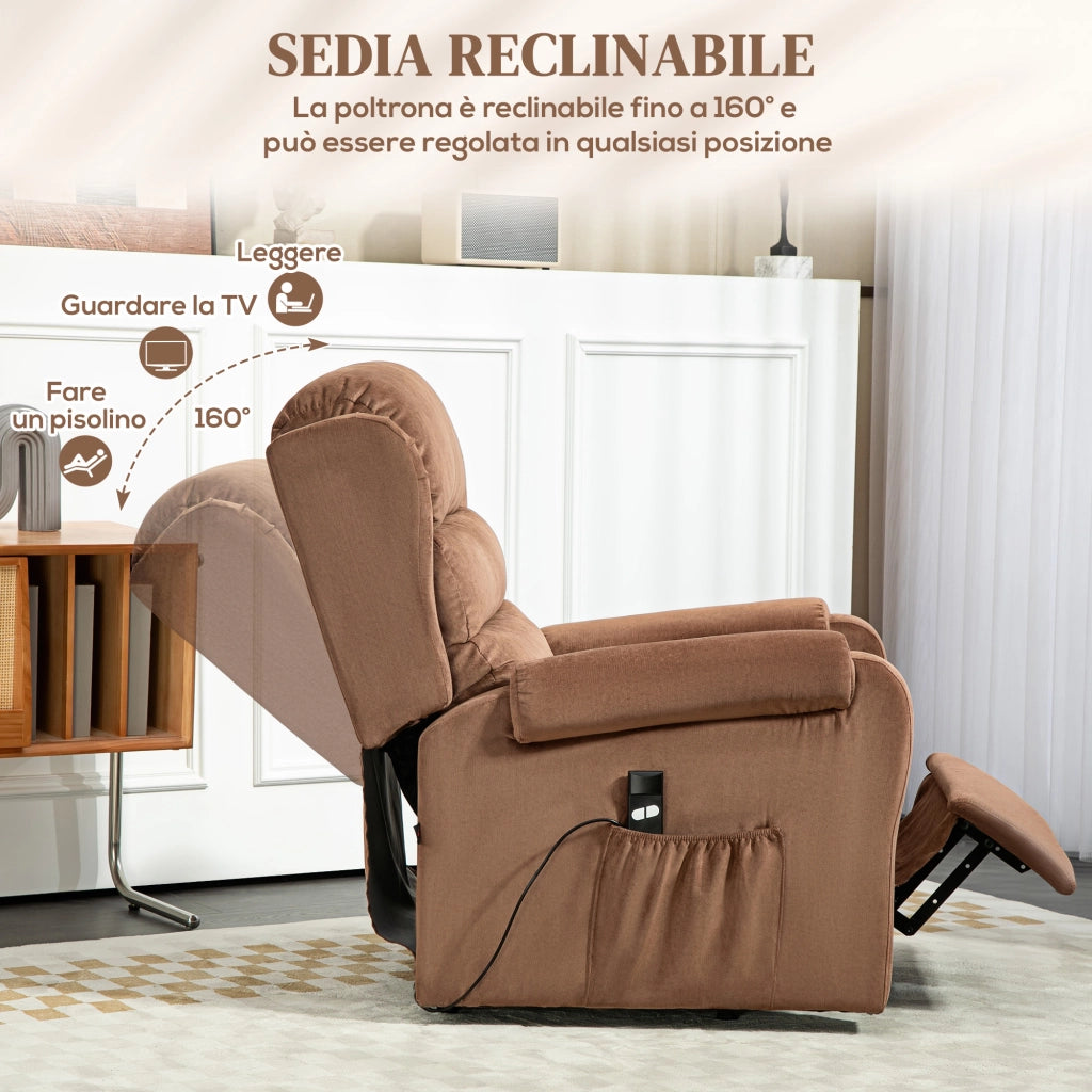 Poltrona Alzapersona Reclinabile Massaggiante con Poggiapiedi ¨C Zephmum ¨C Velluto Marrone 85x88x109 cm