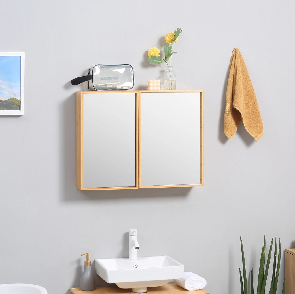 Armadietto bagno sospeso in bambù con doppia anta a specchio