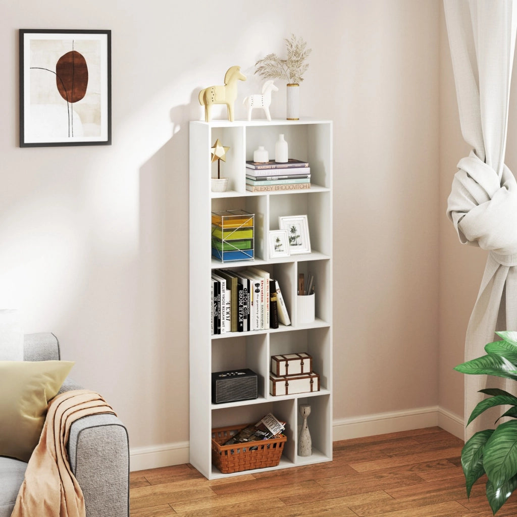 Libreria a 5 piani in legno con 10 scomparti-Scaffale di stoccaggio autoportante per studio e soggiorno Bianco