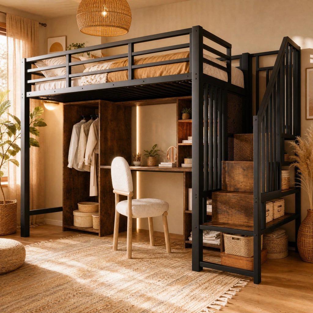 Letto a soppalco 90x200 cm con armadio e scrivania nero