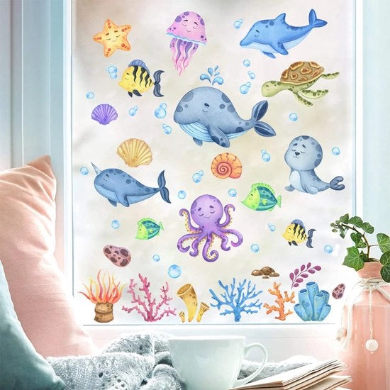 Sticker per finestra per bambini mondo sottomarino autoadesivo I Sticker per finestra animali marini pesci I Sticker per finestra per bambini decorazione bagno cabina doccia riutilizzabile