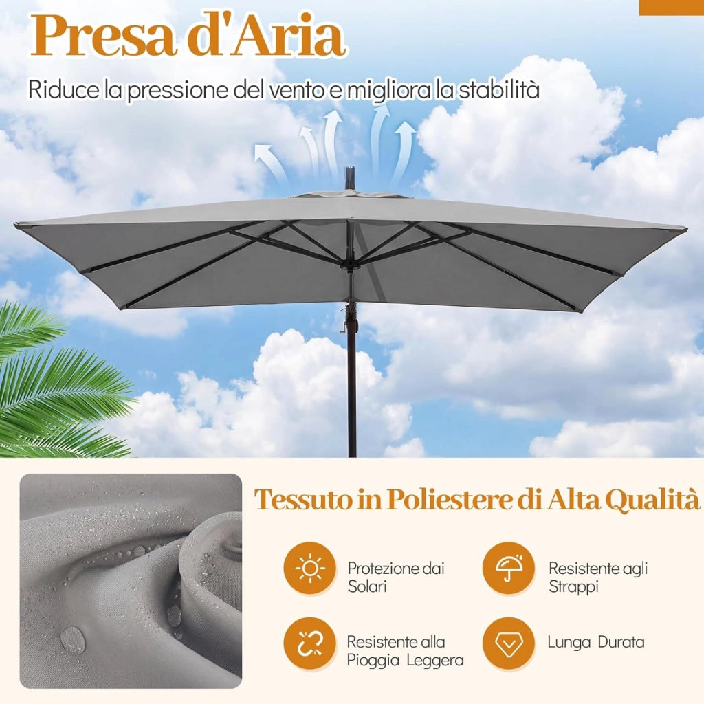 Ombrellone da Giardino 250 cm, Tettuccio Girevole e Ventilato | Protezione Solare, Resistente, Portatile, Sacchi di Sabbia, per Balcone, Esterno, Spiaggia (Grigio, 0 Luce LED)
