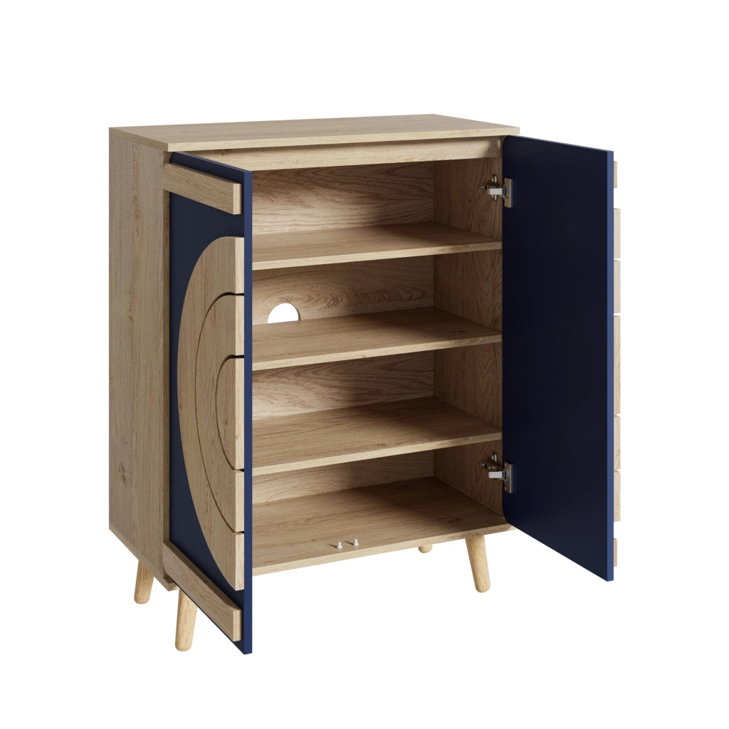Mobile Scarpiera con 2 Ante geometriche Rotonde; 4 Ripiani; Stile Moderno; in Pannello truciolare; Blu; 76×37×98;5 cm
