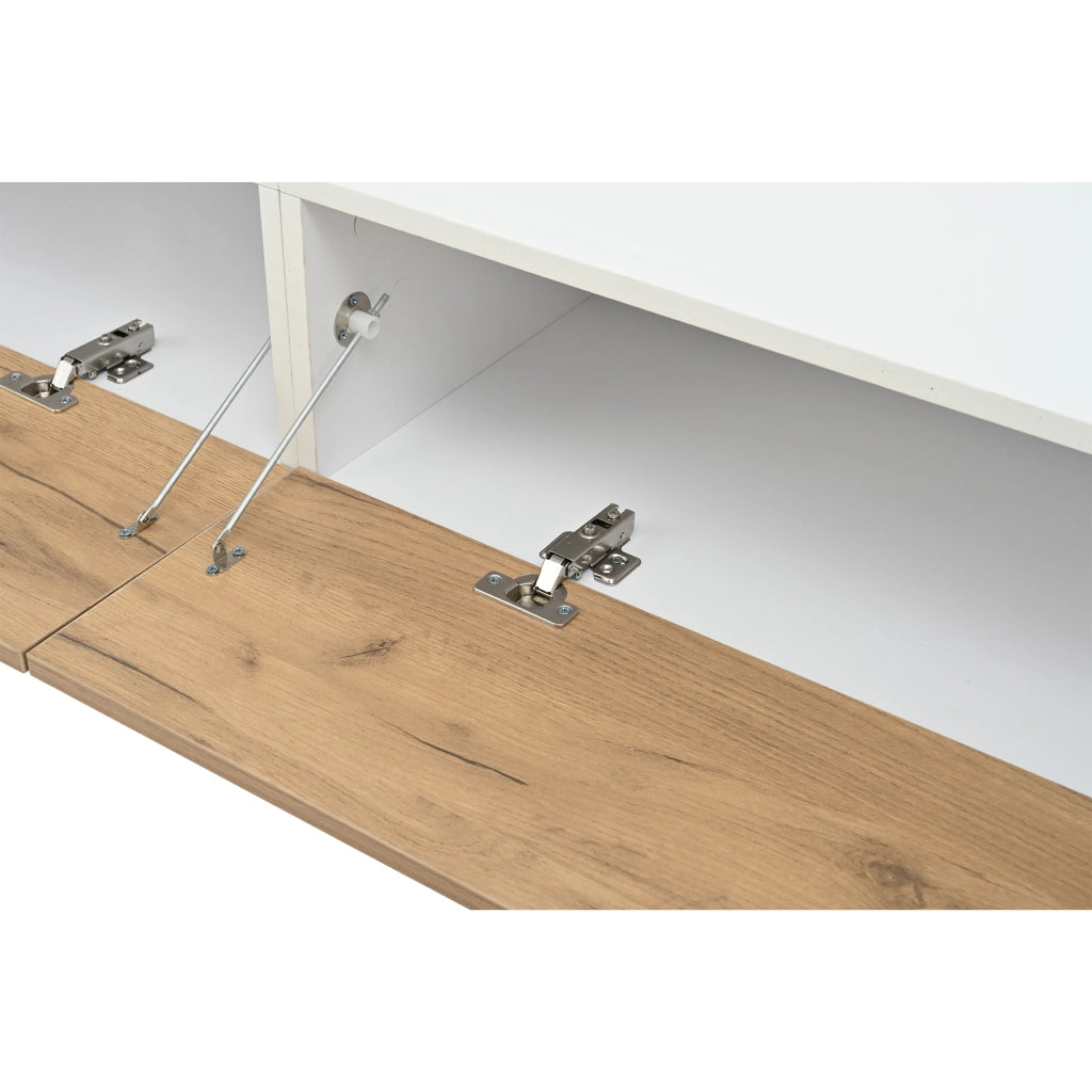 Mobile porta TV con 2 ante a ribalta e scaffale verticale, sospeso o a terra, bianco e legno 180 × 35 × 22,5 cm