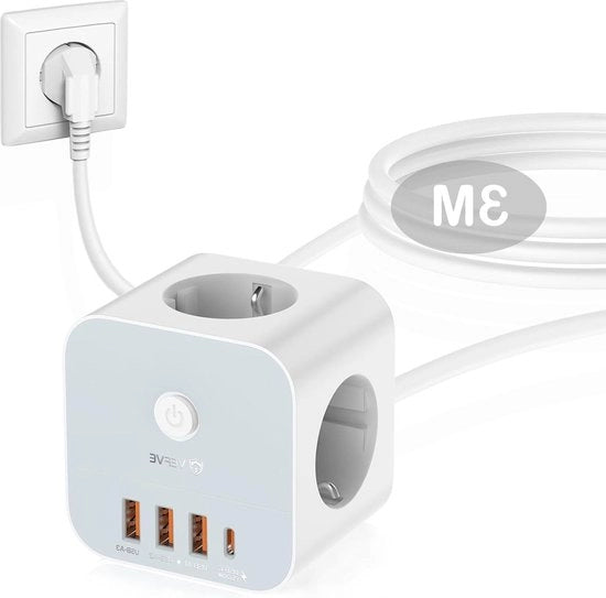 Adattatore USB 7-in-1 a Cubo - Multiplo Adattatore di Presa con 3 Prese - 1x USB-C e 3x USB-A - 20W PD e QC - Cavo da 3m